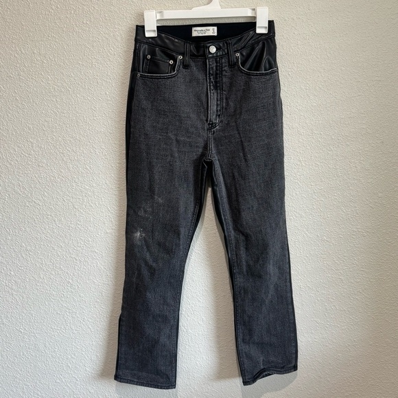 Abercrombie & Fitch Ankle Straight High Rise Two Toned Faux Leather Jeans - Picture 1 of 7